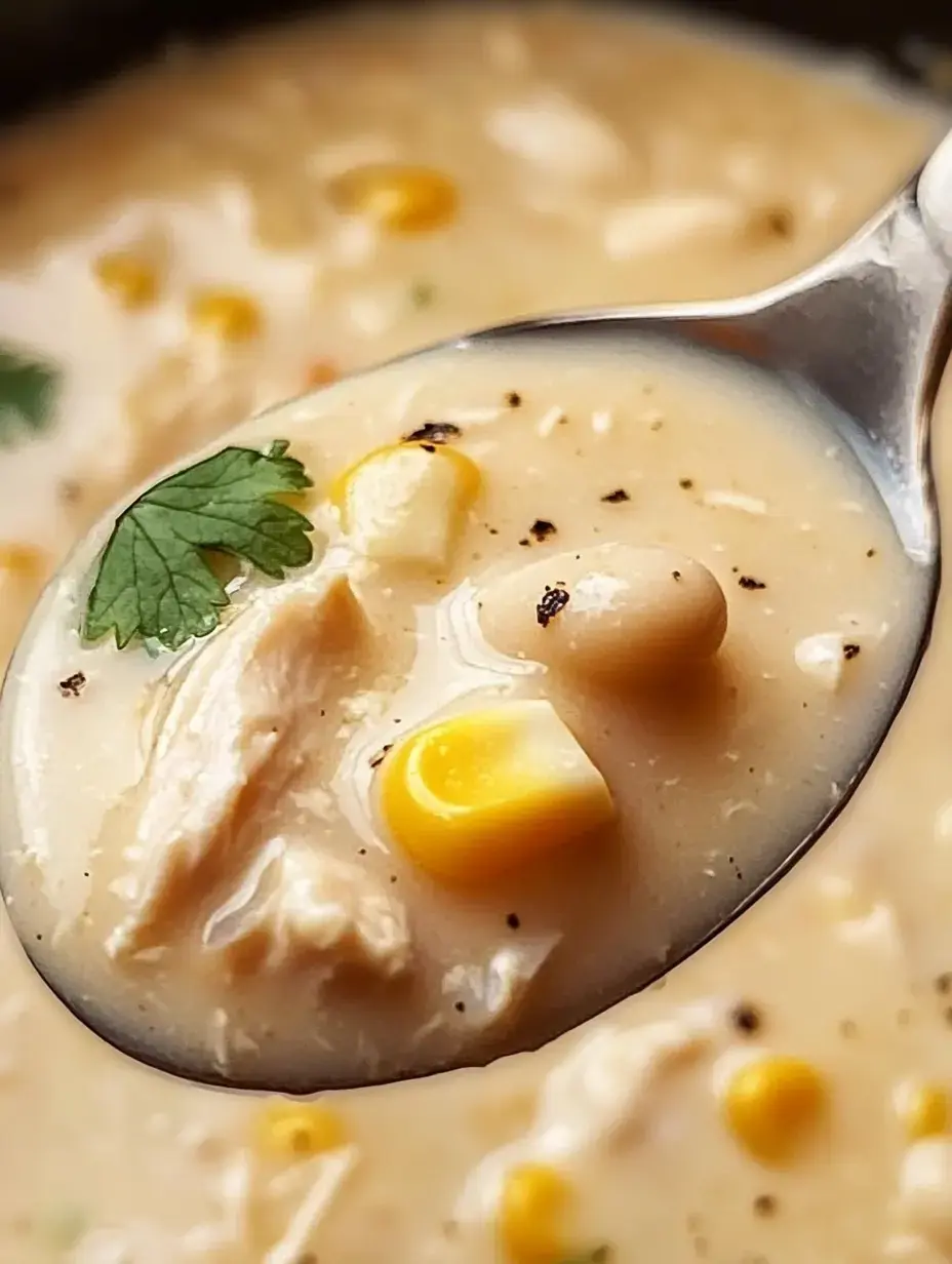 Gros plan d'une cuillerée de soupe crémeuse au poulet avec du maïs et des herbes.