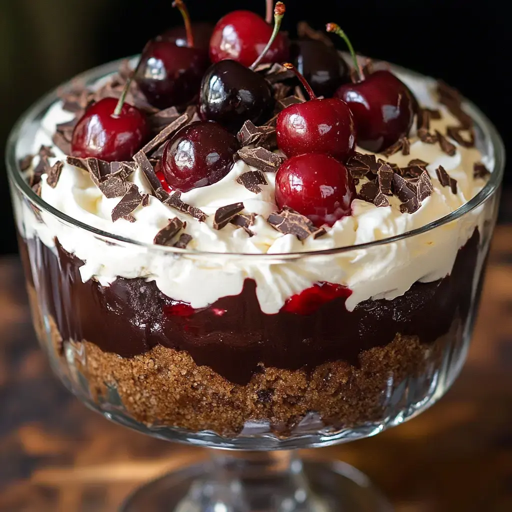 Un dessert en couches dans un bol en verre présentant de la crème au chocolat, de la crème fouettée, des biscuits émiettés, et garni de cerises fraîches et de copeaux de chocolat.