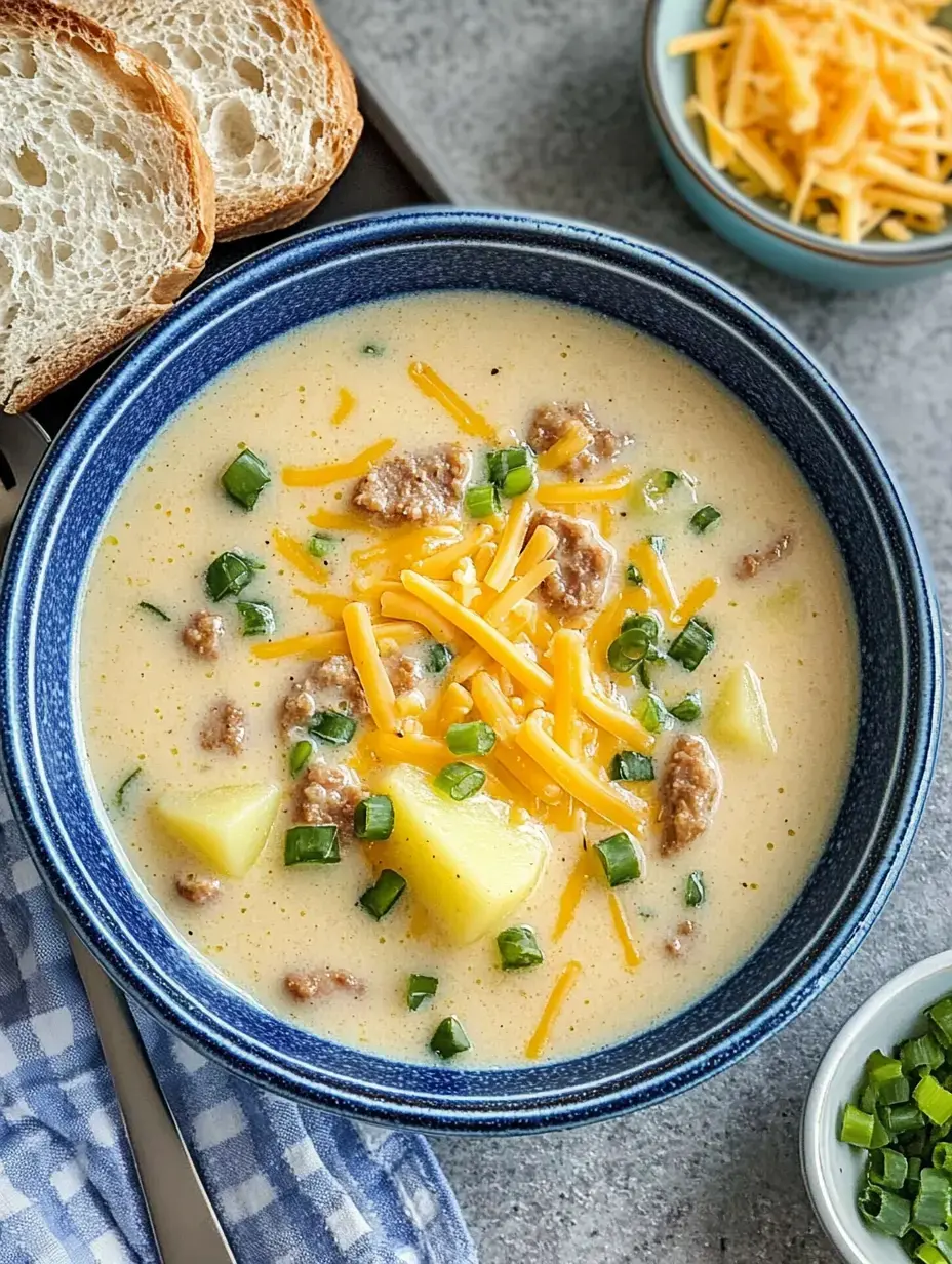 Un bol bleu rempli de soupe crémeuse aux pommes de terre et saucisse, garni de fromage râpé et ciboulette, accompagné de tranches de pain et d'un petit bol de fromage râpé supplémentaire.