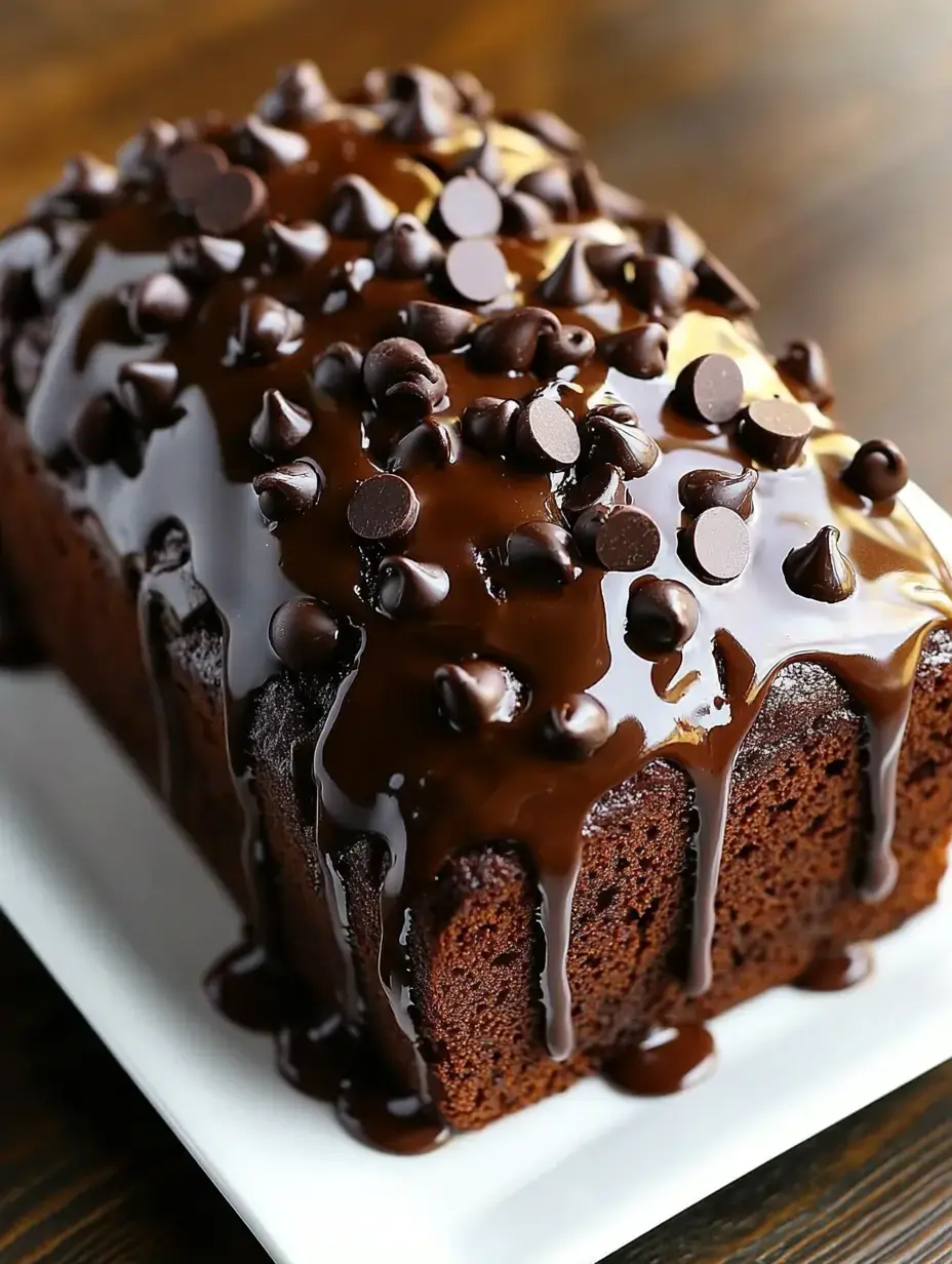 Un gâteau au chocolat décadent nappé d'un filet brillant et de pépites de chocolat.