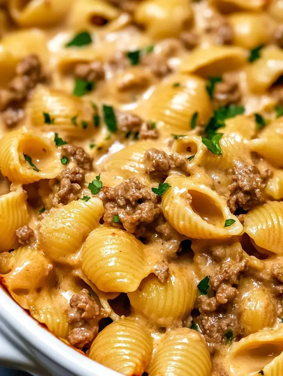 Un plat de pâtes crémeuses en forme de coquillages avec de la viande hachée, garni de persil haché.