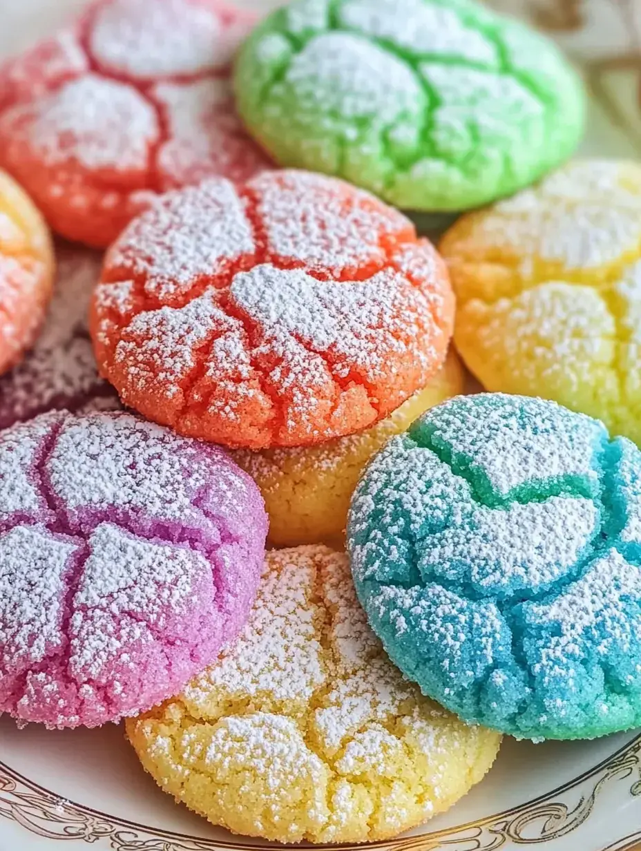 Un assortiment coloré de biscuits saupoudrés de sucre glace dans diverses nuances de rose, orange, jaune, vert et bleu.