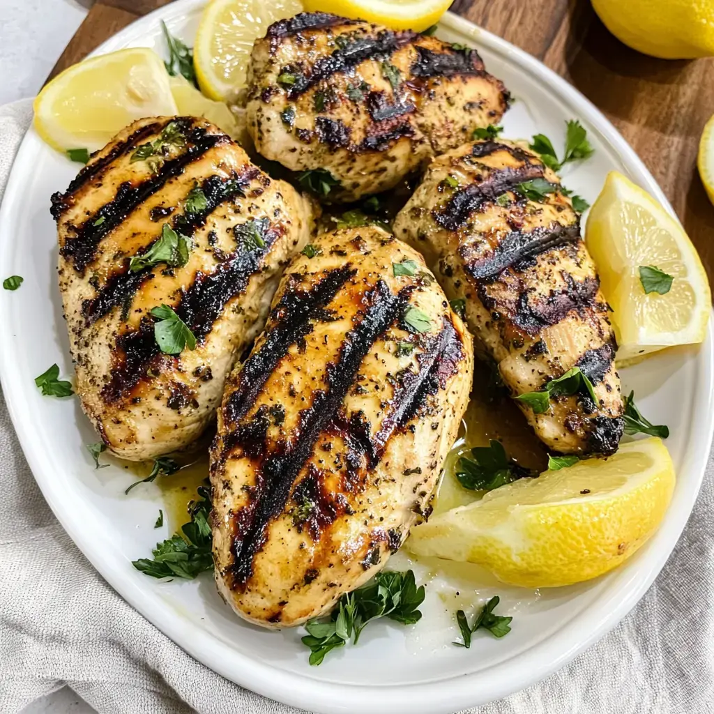 Blancs de poulet grillés garnis d'herbes et servis avec des quartiers de citron sur un plat blanc.