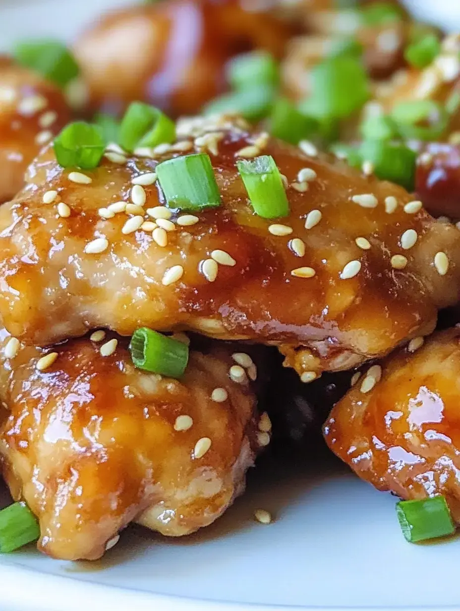 Gros plan sur des morceaux de poulet glacés garnis de graines de sésame et de ciboulette hachée.