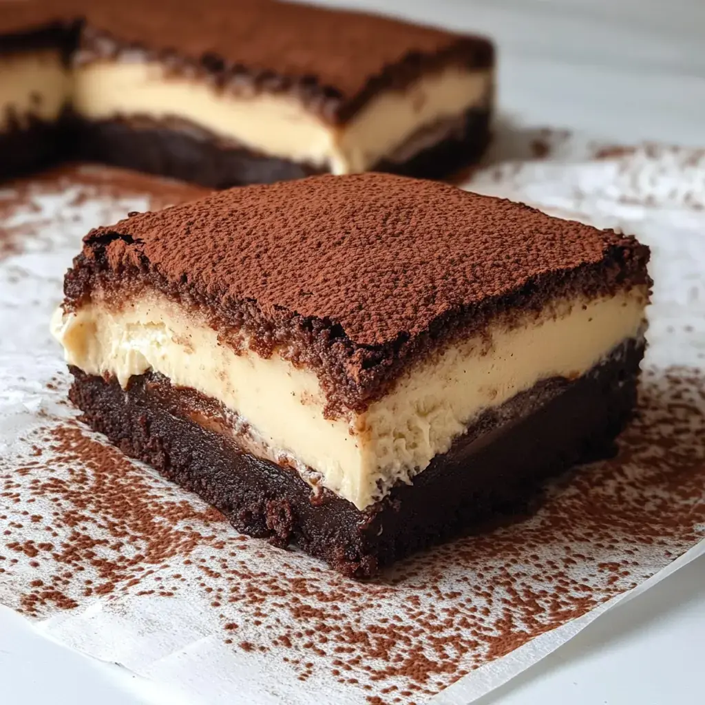 Un gros plan d'un dessert en couches avec un gâteau au chocolat, une garniture crémeuse et une couche de cacao en poudre sur le dessus.