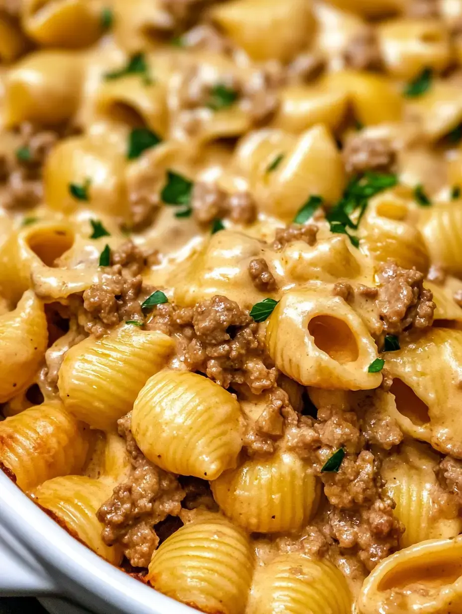 Un gros plan de pâtes coquillages crémeuses mélangées avec de la viande hachée et garnies de persil.