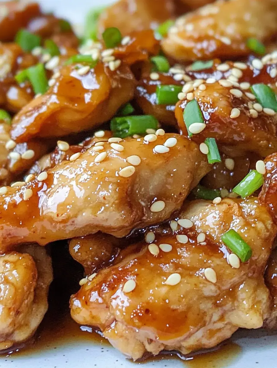 Gros plan sur des morceaux de poulet tendres nappés d'une sauce savoureuse, garnis de graines de sésame et de ciboulette ciselée.