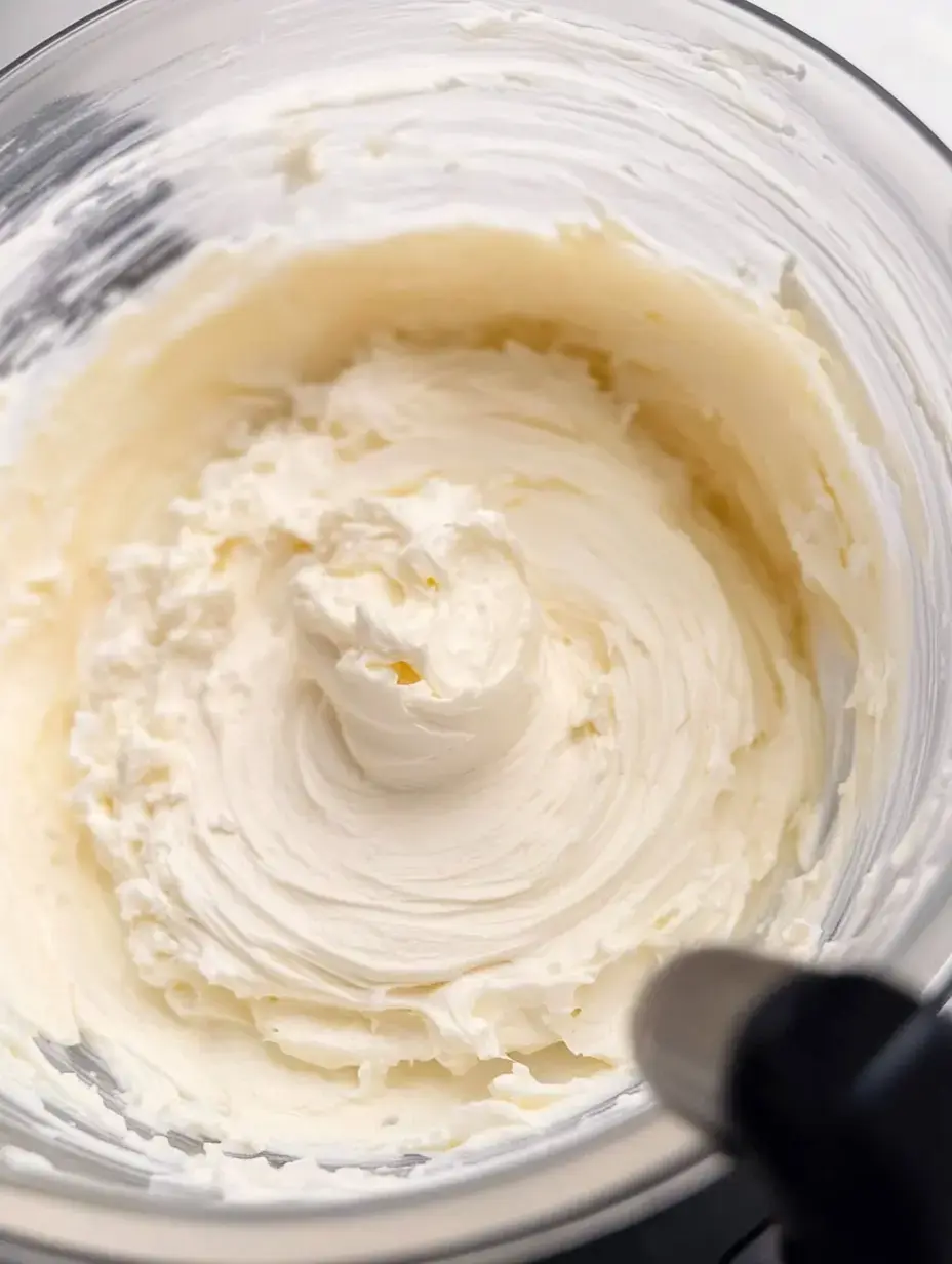 Une vue rapprochée de fromage crémeux fouetté dans un bol de préparation.