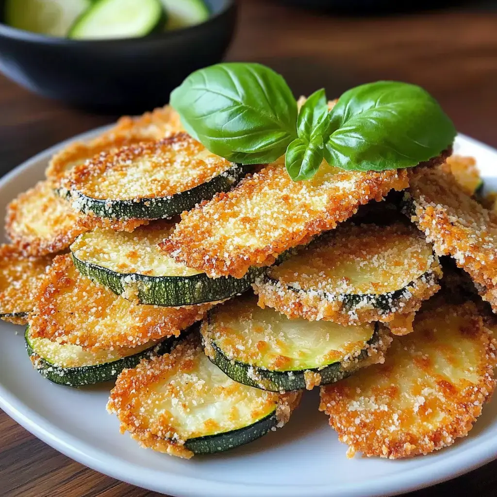 Une assiette de tranches de courgettes dorées et croustillantes garnie de feuilles de basilic frais.