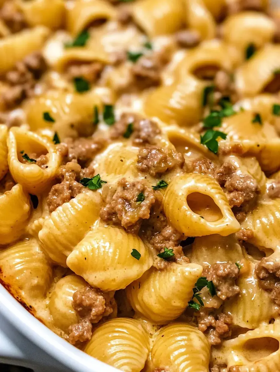 Un gros plan de pâtes coquillages crémeuses mélangées avec de la viande hachée savoureuse et garnies de persil frais.