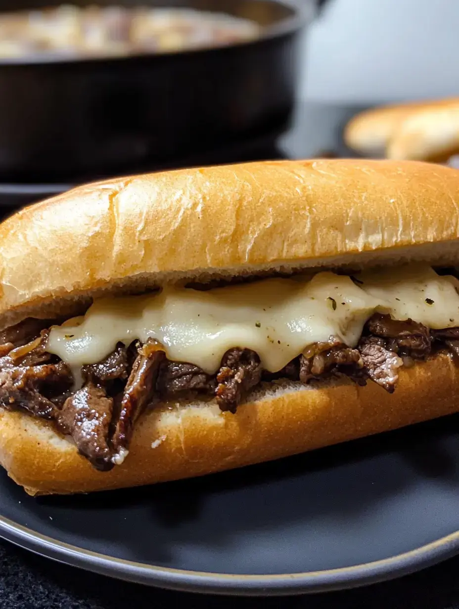 Un gros plan d'un sandwich garni de bœuf cuit et de fromage fondu, servi dans un pain moelleux, avec une marmite en arrière-plan.