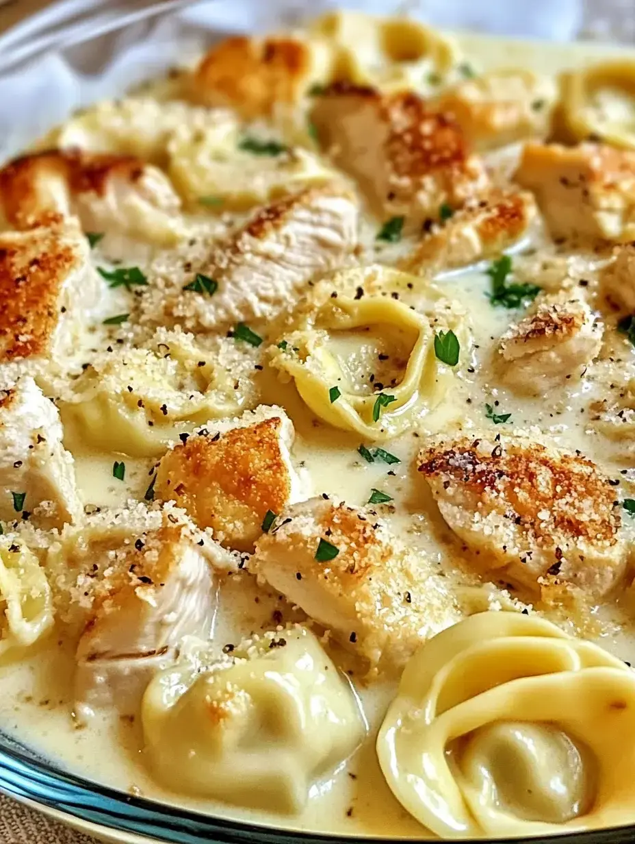 Gros plan d'un plat crémeux de poulet et tortellini garni de persil et poivre noir.