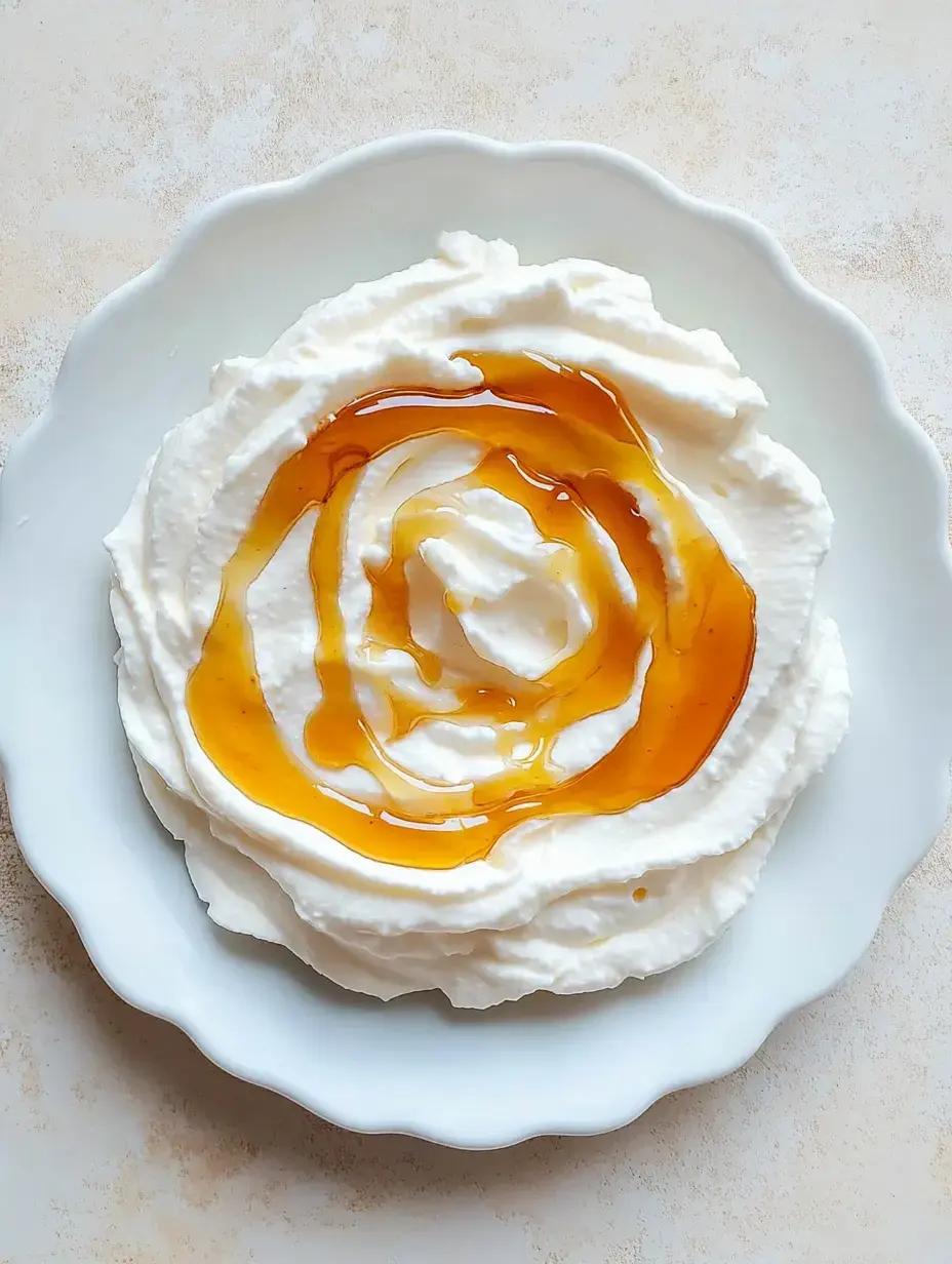 Une assiette de crème fouettée arrosée d'un sirop doré en motif spirale.