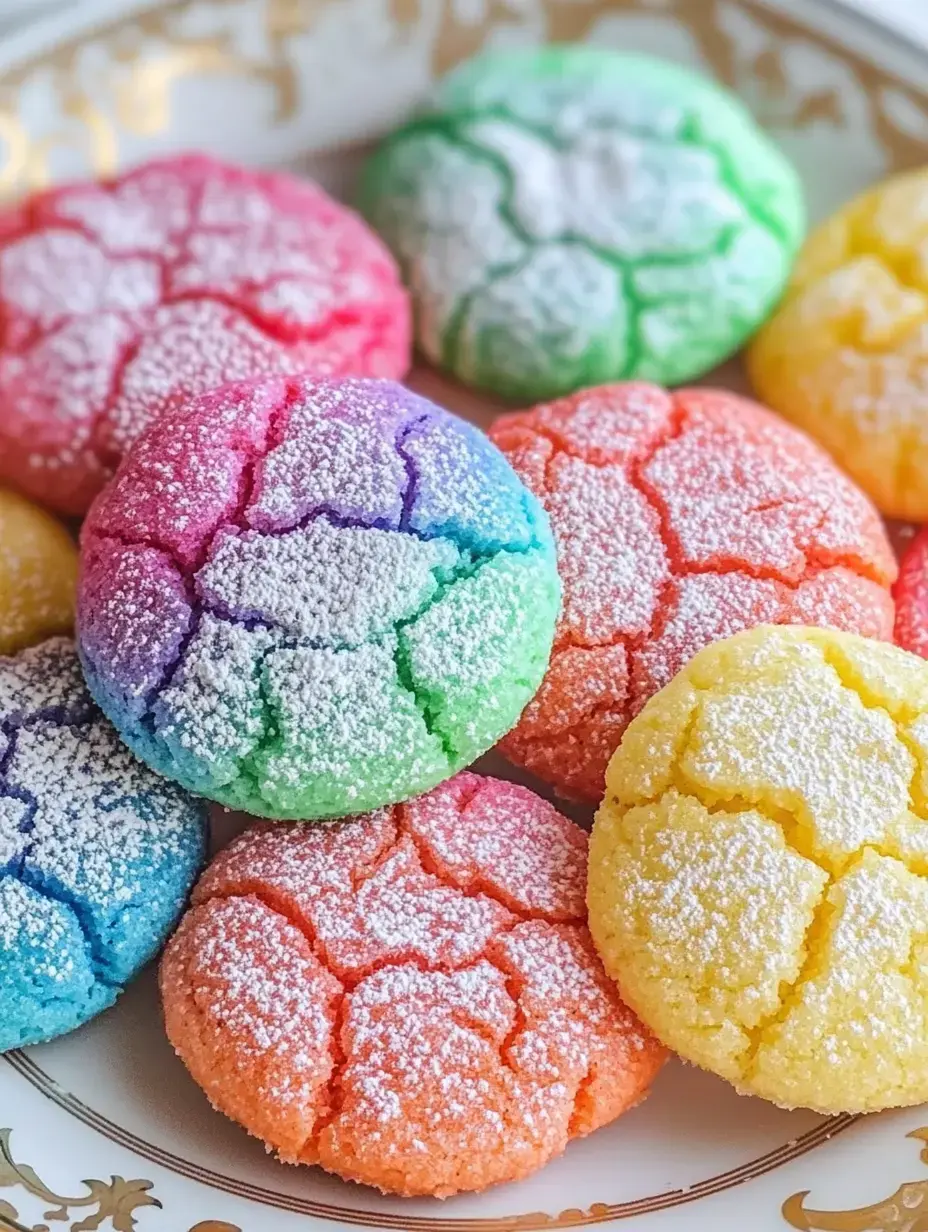 Une assiette présente une variété de biscuits craquelés colorés saupoudrés de sucre glace.