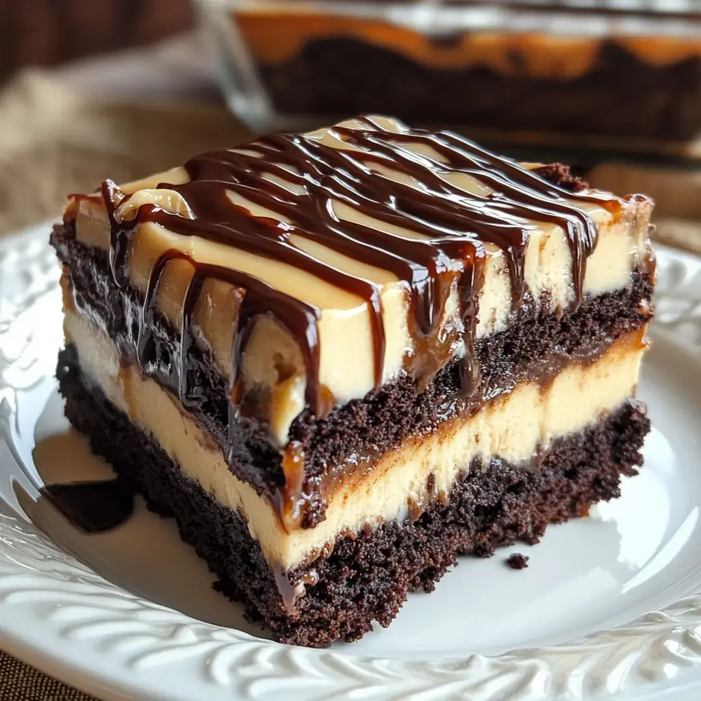 Une part gourmande de dessert au chocolat en couches avec gâteau chocolaté, garniture crémeuse et un filet de sauce chocolat par-dessus.