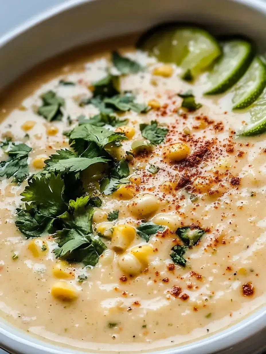 Une soupe onctueuse garnie de coriandre fraîche, maïs et quartiers de citron vert.