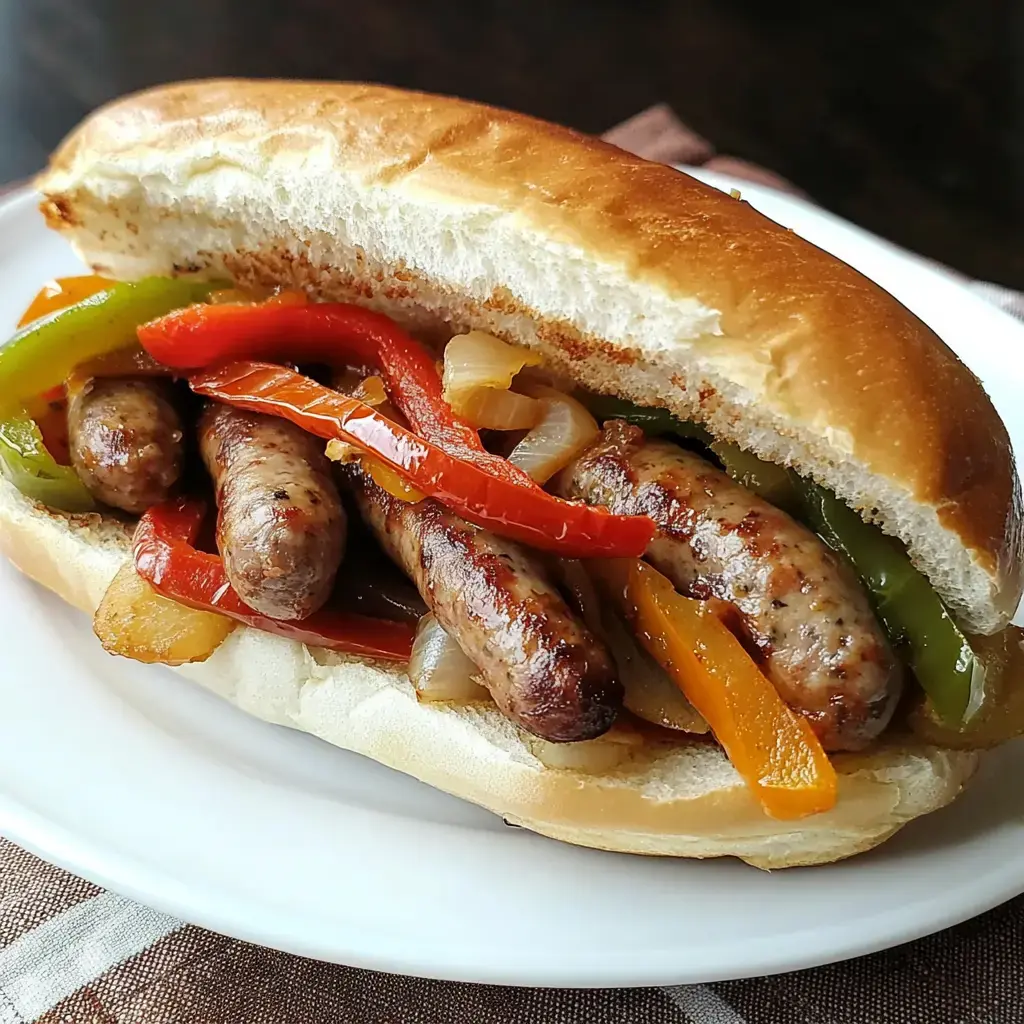 Un sandwich garni de saucisses grillées, poivrons sautés et oignons dans un petit pain.