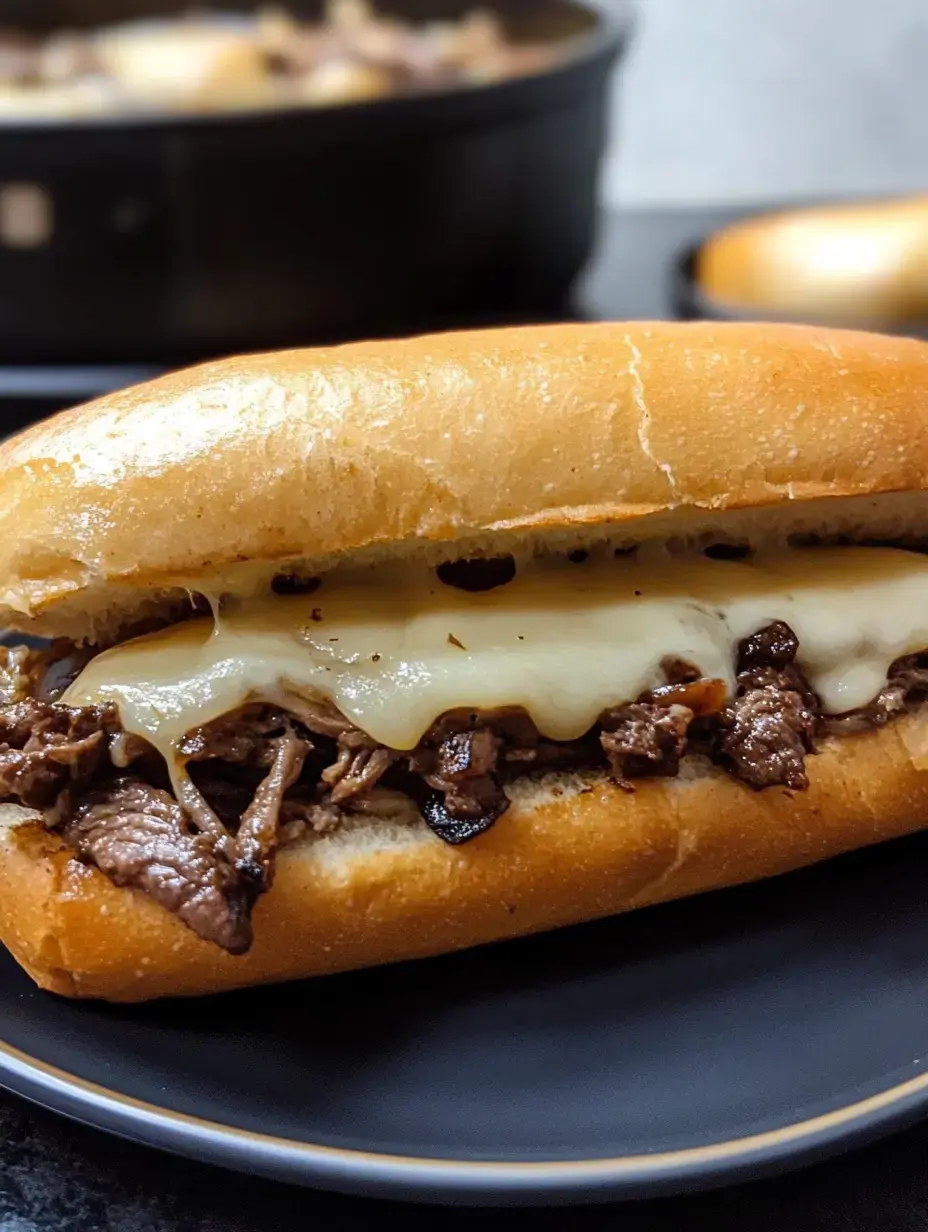 Un gros plan d'un sandwich grillé garni de tranches de bœuf et de fromage fondu sur un pain moelleux.