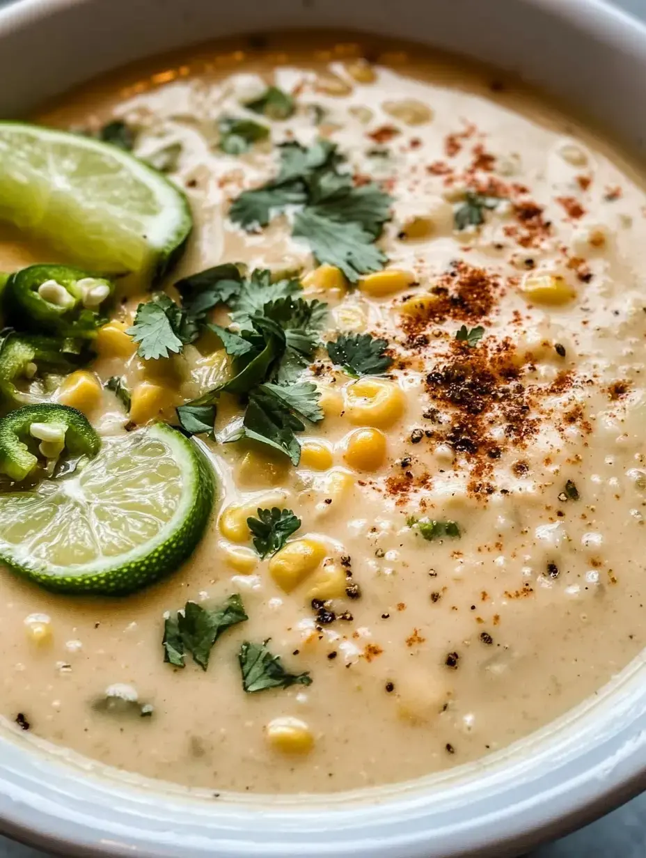 Une soupe crémeuse de maïs garnie de coriandre, lamelles de piments, quartiers de citron vert et une pincée de paprika.