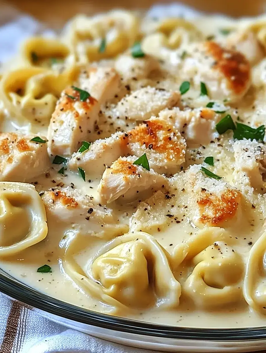 Gros plan d'un plat de pâtes crémeux avec des tortellini, du poulet grillé tranché et garni de persil.