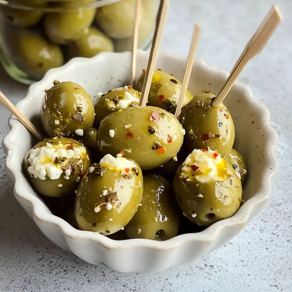 Un petit bol blanc rempli d'olives vertes garnies de fromage feta et de flocons de piment rouge, arrosées d'huile d'olive et décorées de pics en bois.