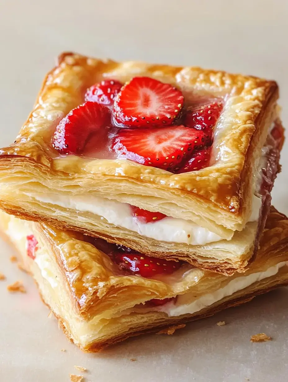 Une pile de deux carrés de pâtisserie feuilletée remplis de crème et garnis de fraises tranchées.