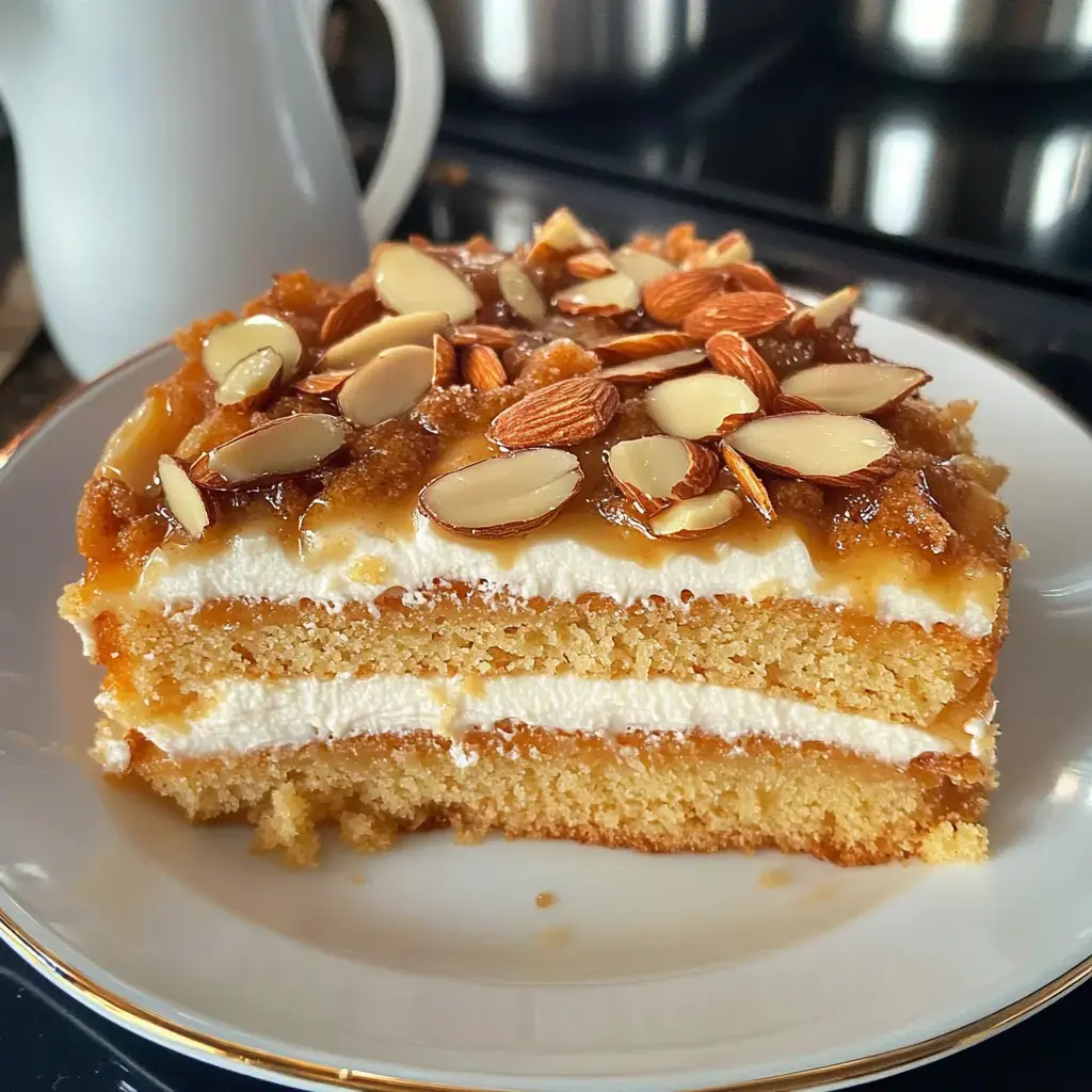 Une part de gâteau en couches surmonté de caramel et d'amandes, posée sur une assiette décorative.
