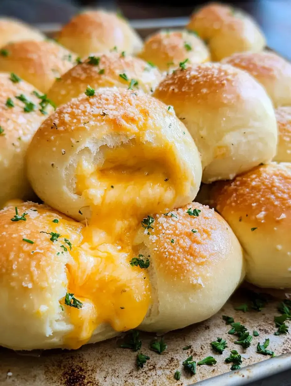 Un gros plan de petits pains dorés saupoudrés d'herbes, montrant du fromage fondu qui s'écoule de l'un des pains.