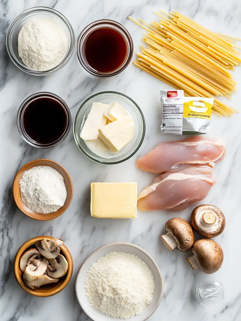 Une photo à plat de divers ingrédients de cuisine comprenant du blanc de poulet, des spaghetti, du beurre, de la farine, des champignons et différentes sauces disposées sur une surface en marbre.