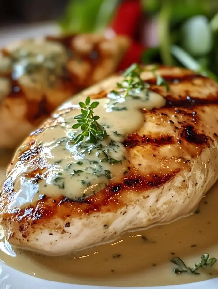 Un blanc de poulet grillé nappé de sauce aux herbes beurrée et garni de thym frais, servi avec une salade verte.