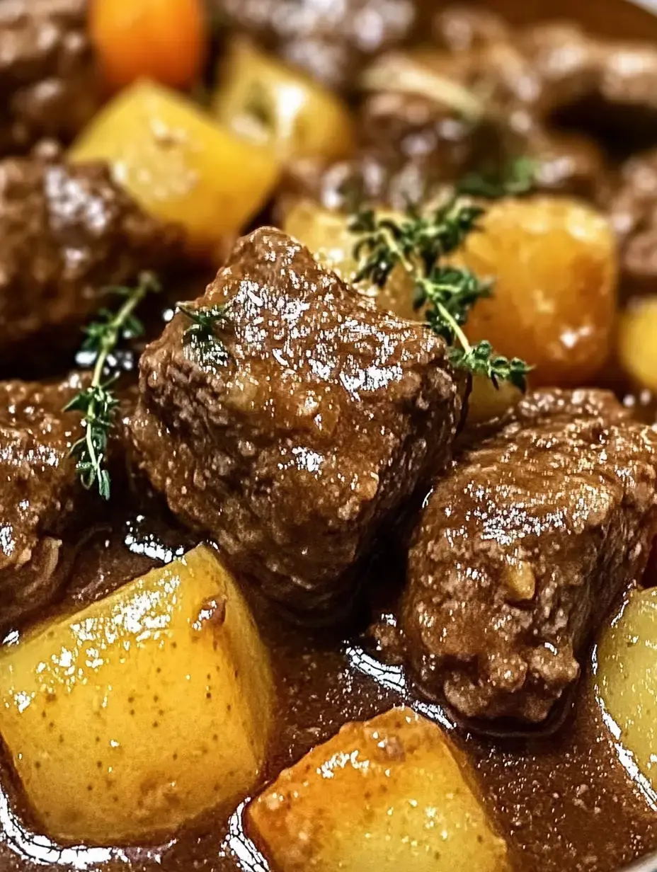 Gros plan sur des morceaux de bœuf tendres et des pommes de terre jaunes mijotés dans une riche sauce brune, garnis de thym frais.