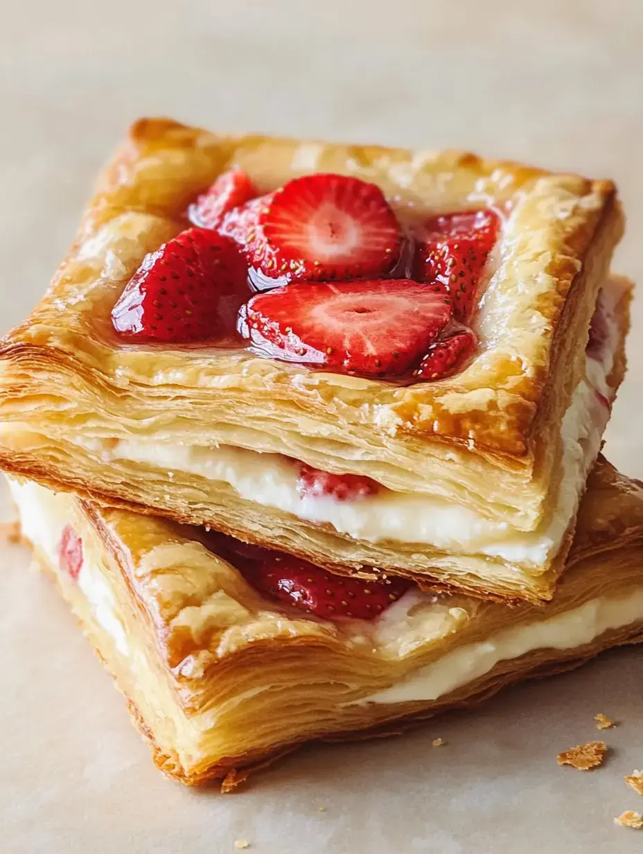 Deux couches de pâtisserie feuilletée garnies de crème et de fraises fraîches avec un glaçage brillant aux fruits.