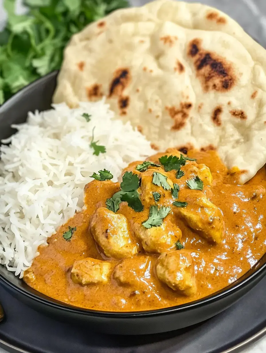 Un bol de curry de poulet au beurre servi avec du riz basmati et du pain naan, garni de coriandre fraîche.