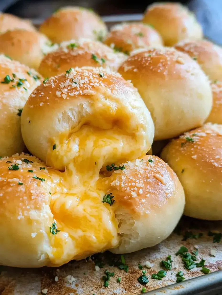 Une image en gros plan de petits pains dorés fourrés au fromage, garnis de persil et saupoudrés de parmesan.