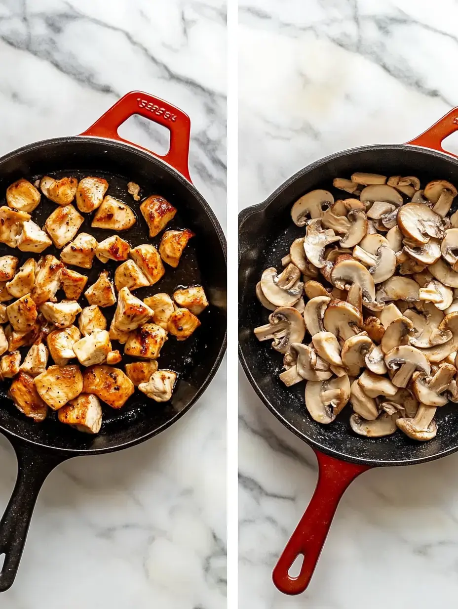 Une poêle montrant des morceaux de poulet cuits à gauche et des tranches de champignons sautés à droite, posée sur un plan de travail en marbre.