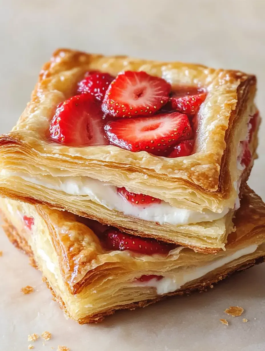 Une pile de pâtisserie feuilletée garnie de fraises fraîches tranchées et d'une garniture crémeuse.
