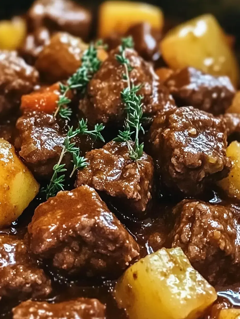 Gros plan d'un ragoût de bœuf avec des morceaux tendres de viande, pommes de terre et carottes, garni de thym frais.