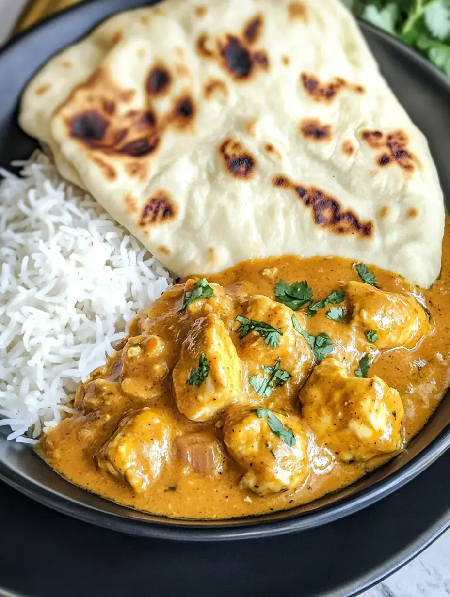 Une assiette de riz servie avec un curry de poulet crémeux et un morceau de pain naan, garnie de coriandre fraîche.