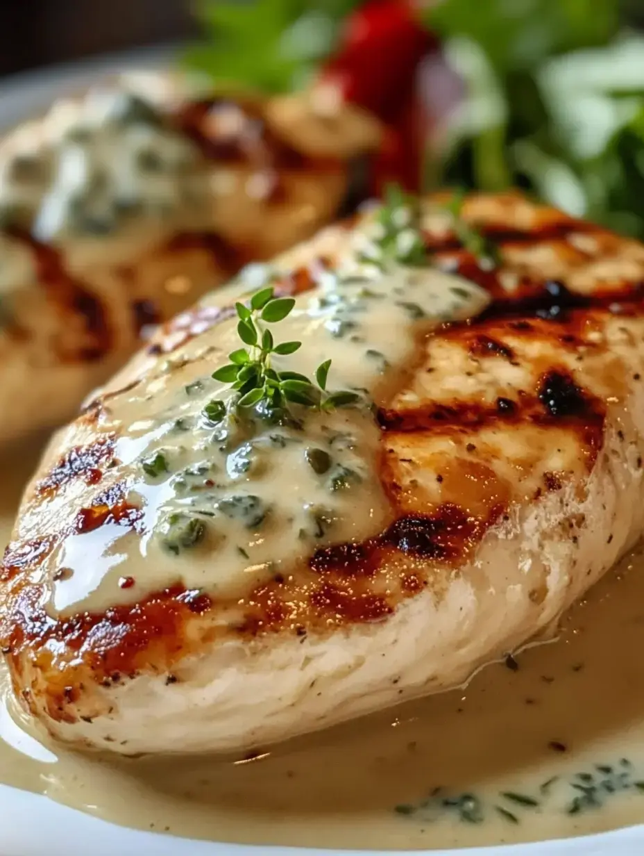 Blancs de poulet grillés nappés d'une sauce crémeuse aux herbes, servis avec des légumes verts frais.