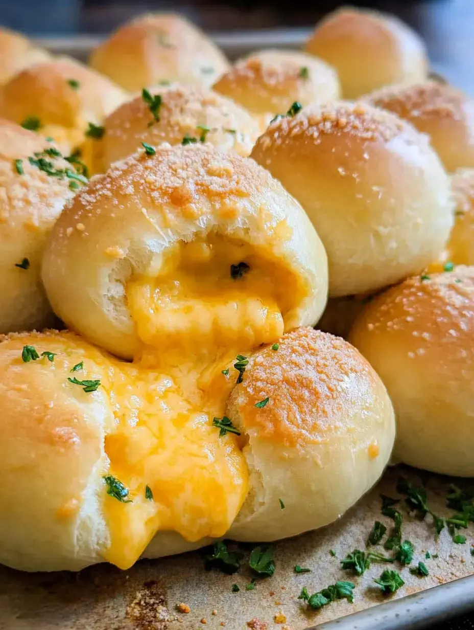 Un gros plan de petits pains farcis au fromage fraîchement cuits, dont certains sont ouverts pour révéler le fromage fondu, garnis de persil sur une plaque de cuisson.