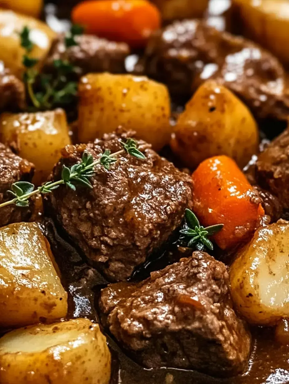 Gros plan sur des morceaux de bœuf tendres, carottes et pommes de terre mijotés dans une sauce riche, garnis de thym frais.