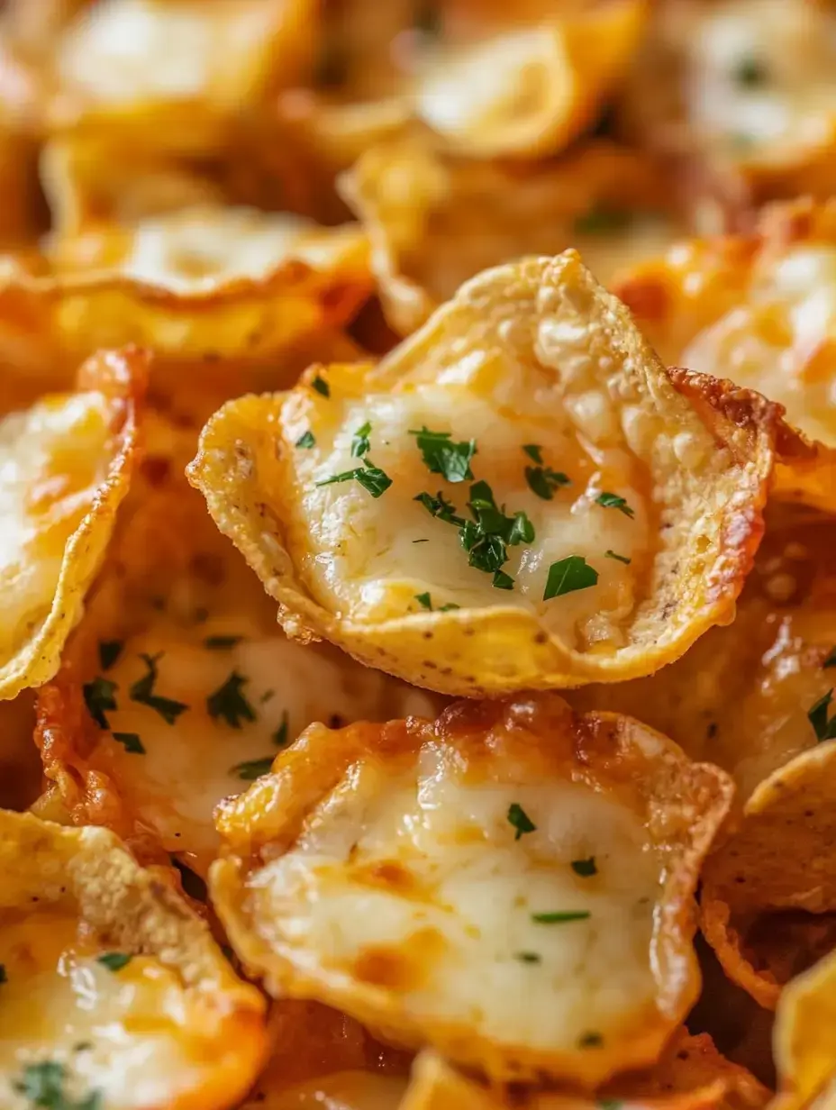 Gros plan sur des chips tortilla croustillantes garnies de fromage fondu et de persil frais.