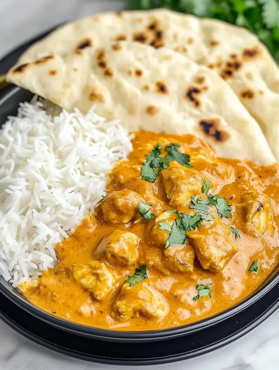 Une assiette de curry de poulet crémeux garni de coriandre, servi avec du riz blanc et du pain plat.