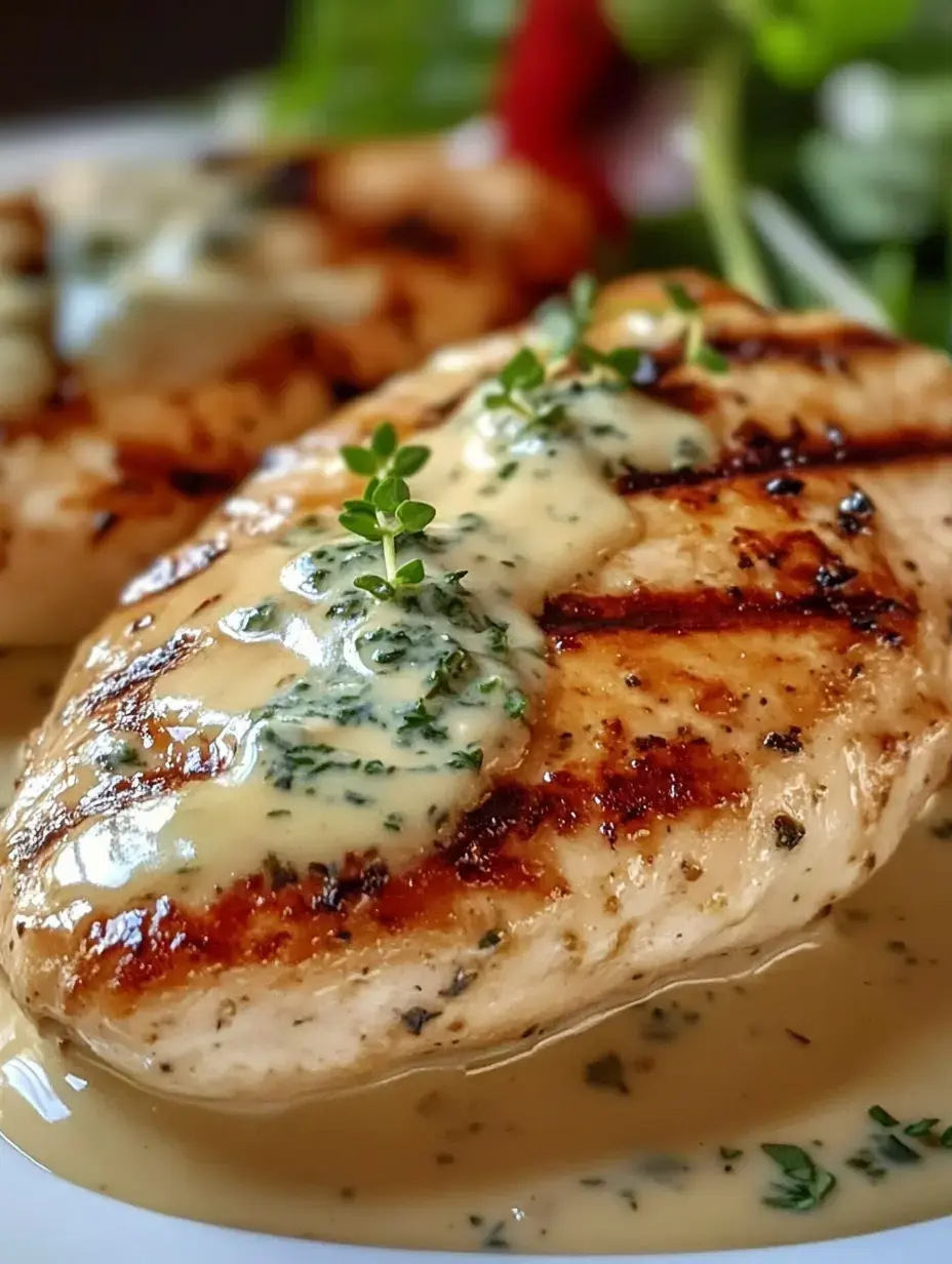 Blanc de poulet grillé nappé d'une sauce crémeuse aux herbes, garni de thym frais, servi dans une assiette.