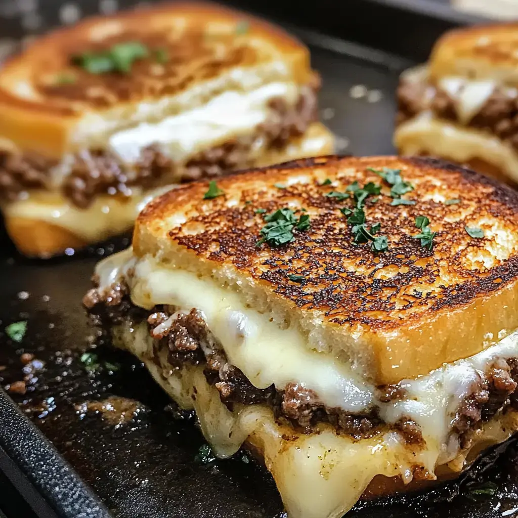 Un gros plan d'un sandwich grillé rempli de bœuf haché et de fromage fondu, garni d'herbes hachées sur le dessus.