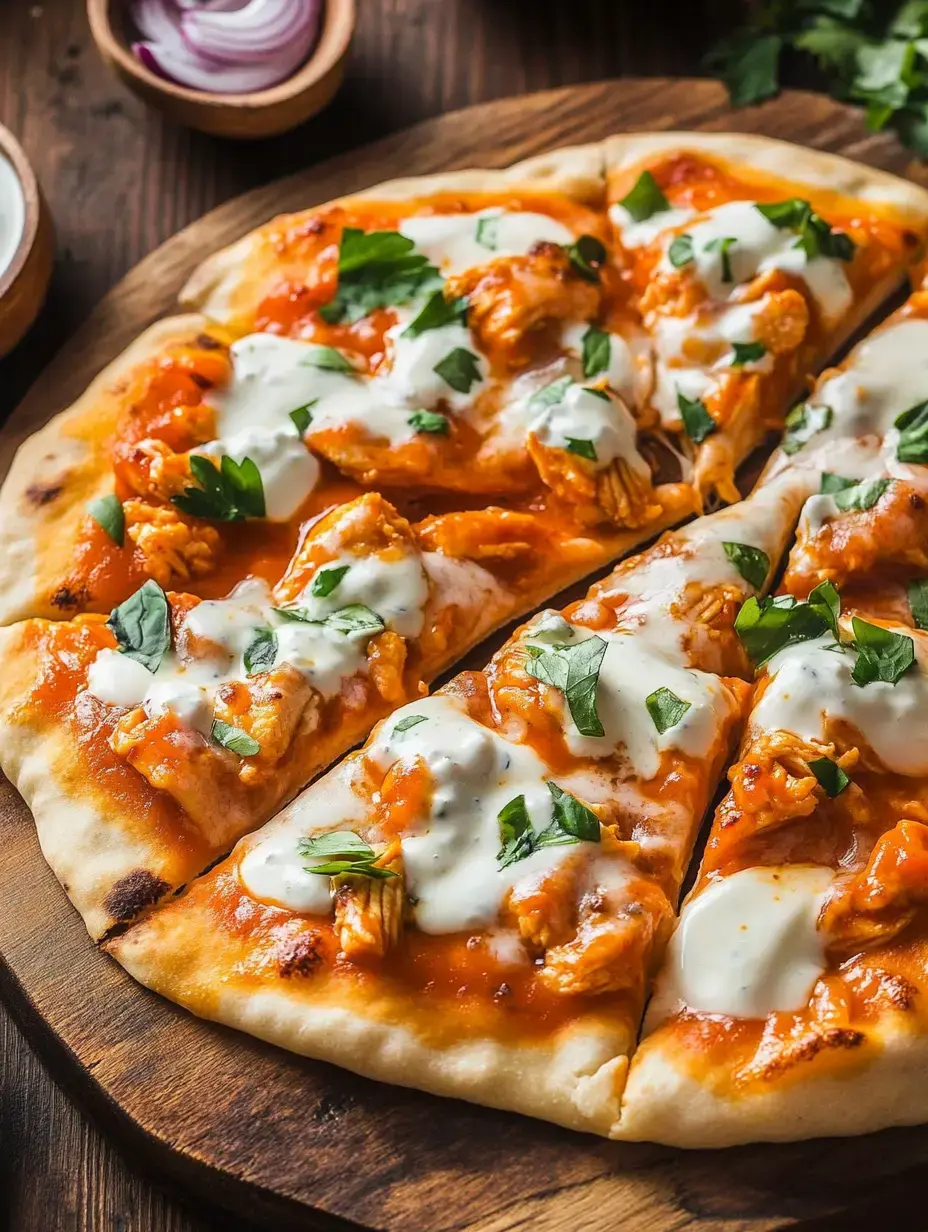 Un gros plan d'une pizza garnie de sauce orange, de poulet effiloché, de touches de sauce blanche et d'herbes fraîches, servie sur une planche en bois.
