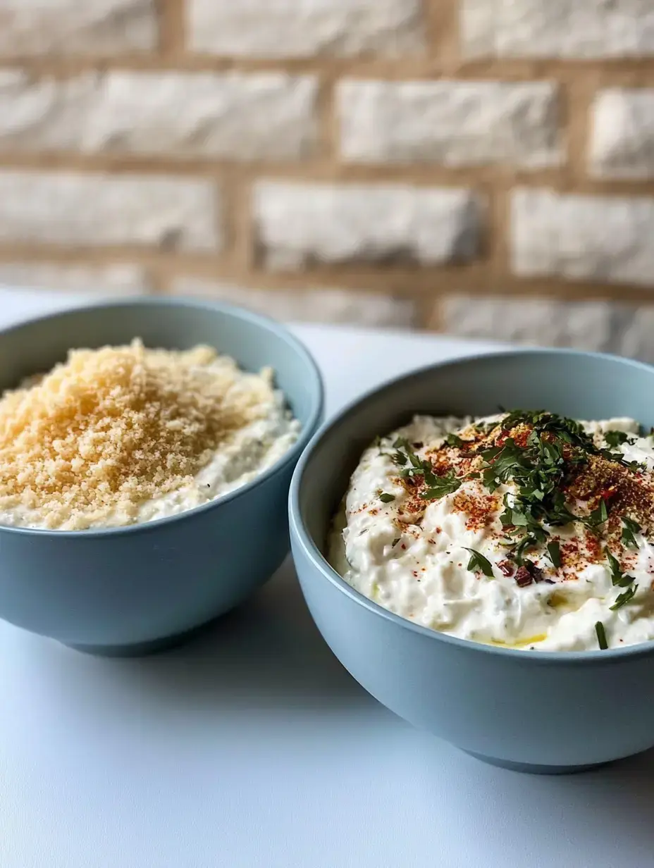 Deux bols remplis de plats crémeux blancs: l'un saupoudré de chapelure grossière et l'autre garni d'herbes et d'épices, posés sur un fond de briques.