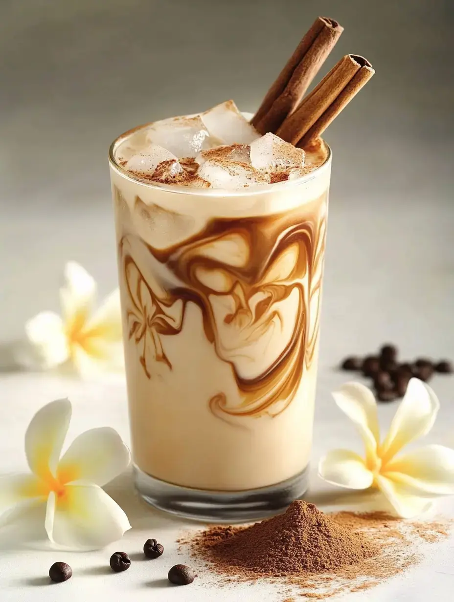 Une boisson glacée avec des tourbillons, garnie de bâtons de cannelle, glaçons, et entourée de fleurs et de grains de café.
