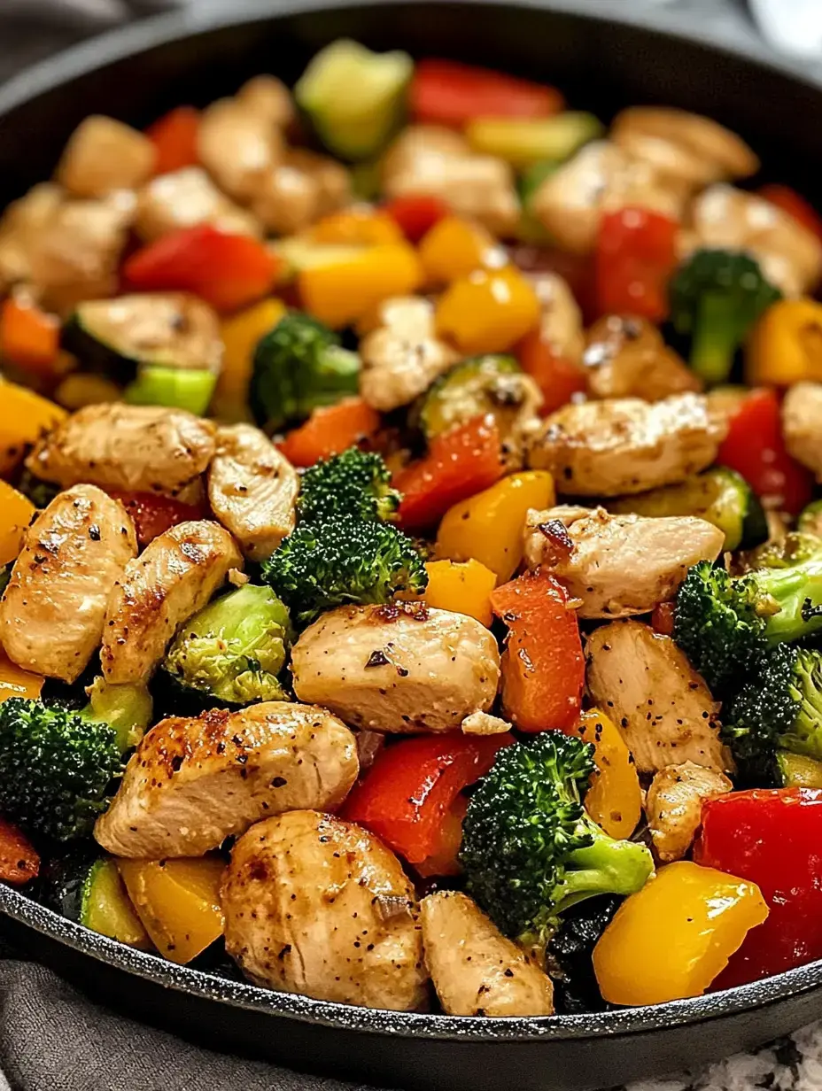 Un gros plan d'une poêle remplie de morceaux de poulet sautés et de légumes colorés, notamment des poivrons et du brocoli.