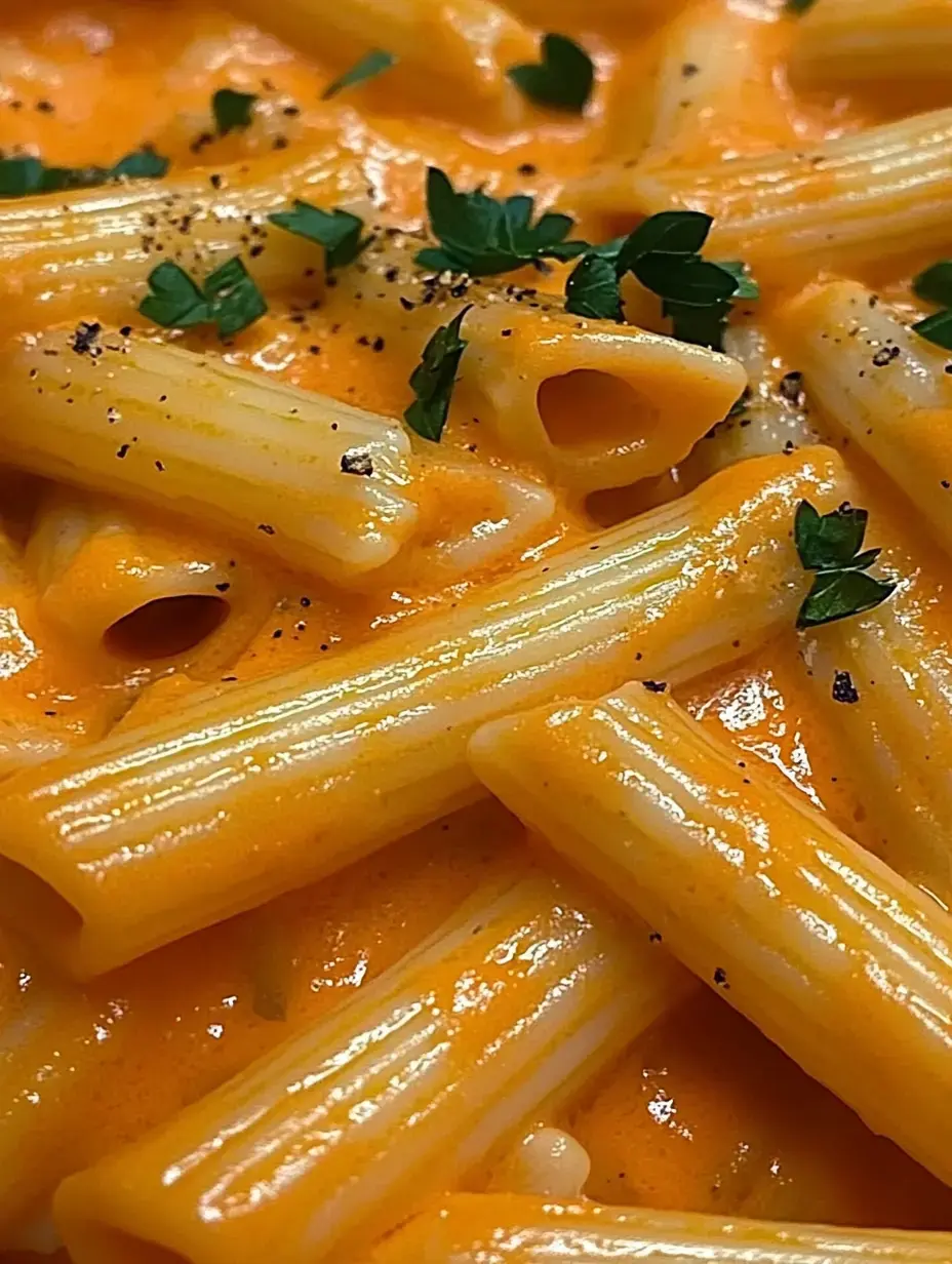 Un gros plan de pâtes crémeuses avec une riche sauce orange, garnies d'herbes fraîches et de poivre noir.